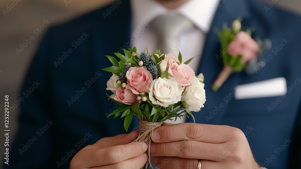 A groom's boutonniere featuring pink and white flowers for a wedding ceremony. A groom's boutonniere featuring pink and white flowers for a wedding ceremony.
