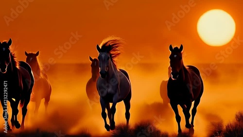 Silhouetted horses run across a dusty plain at sunset, a large orange sun dominating the sky. The scene is warm, vibrant, and evokes a sense of