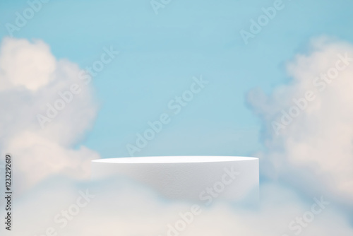 Minimal geometry cylinder podium table top with blue sky white cloud background.product placement pedestal modern stand display,surreal paradise dreamy concept.