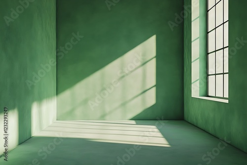 A plain green room with shadows cast on the walls creates a simple minimalist backdrop suitable for stock photography.