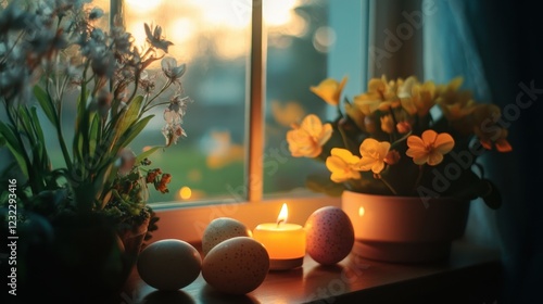 Bright Easter eggs, candles, and flowers are placed on the windowsill, creating a warm and cozy atmosphere. Sunlight streaming into the room adds to the festive mood
