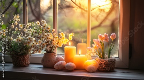Bright Easter eggs, candles, and flowers are placed on the windowsill, creating a warm and cozy atmosphere. Sunlight streaming into the room adds to the festive mood