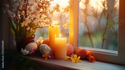 Bright Easter eggs, candles, and flowers are placed on the windowsill, creating a warm and cozy atmosphere. Sunlight streaming into the room adds to the festive mood