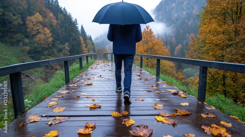 Walking through a misty forest, umbrella in hand, autumn leaves beneath feet photo