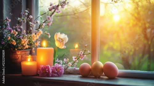 Bright Easter eggs, candles, and flowers are placed on the windowsill, creating a warm and cozy atmosphere. Sunlight streaming into the room adds to the festive mood