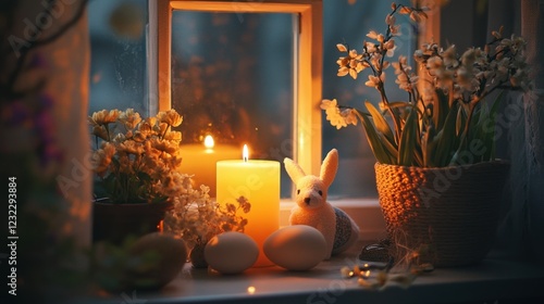 Bright Easter eggs, candles, and flowers are placed on the windowsill, creating a warm and cozy atmosphere. Sunlight streaming into the room adds to the festive mood