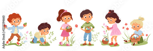 Collection of vector cartoon children hunting for Easter eggs Boys and girls searching colorful eggs during holiday festivities Perfect kids character design for typography, cards, flyers, invitations