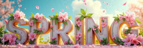 Vibrant spring flowers adorn large 3d letters under a clear blue sky