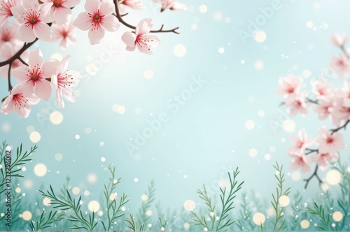 Serene spring cherry blossom scene with gentle pastel colors and soft light