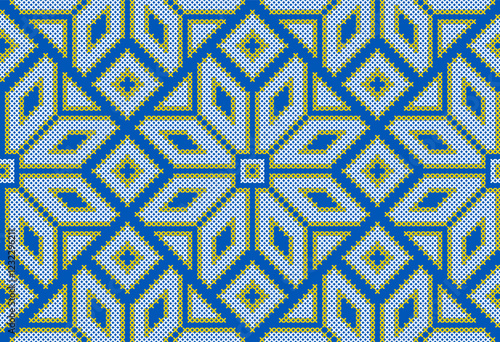 Vector illustration of Ukrainian ornament in ethnic style, identity, vyshyvanka, embroidery for print clothes, websites, banners. Background. Geometric design, border, copy space, frame