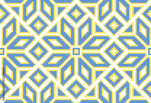 Vector illustration of Ukrainian ornament in ethnic style, identity, vyshyvanka, embroidery for print clothes, websites, banners. Background. Geometric design, border, copy space, frame