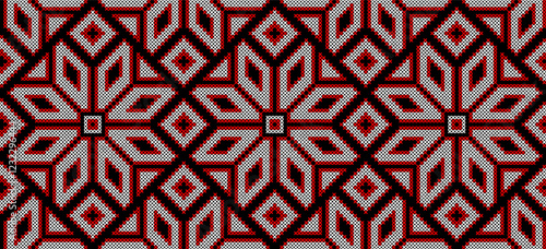 Vector illustration of Ukrainian ornament in ethnic style, identity, vyshyvanka, embroidery for print clothes, websites, banners. Background. Geometric design, border, copy space, frame