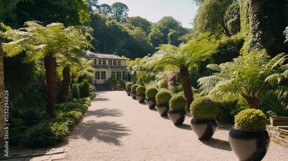 Obraz premium Enchanting Garden Pathway Surrounded by Lush Greenery and Plants