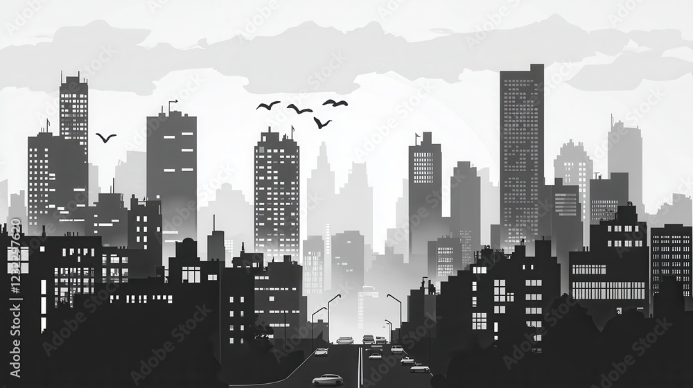 Naklejka premium Black and White Urban Cityscape Silhouette with Skyscrapers and Birds