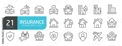Set of line icons related to insurance, protection, accident, safety. Outline icons collection. Editable stroke. Vector illustration.