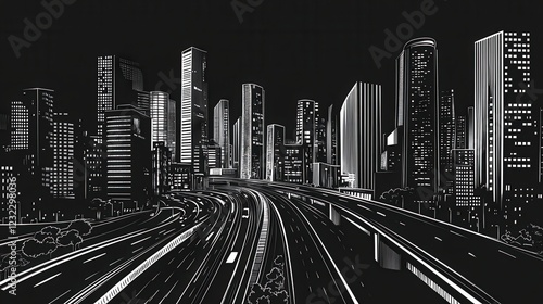 Urban Skyline Illustration with Roads and Building Facades at Night