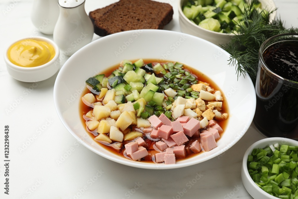 Tasty okroshka soup with kvass and ingredients on white marble table, closeup Tasty okroshka soup with kvass and ingredients on white marble table, closeup