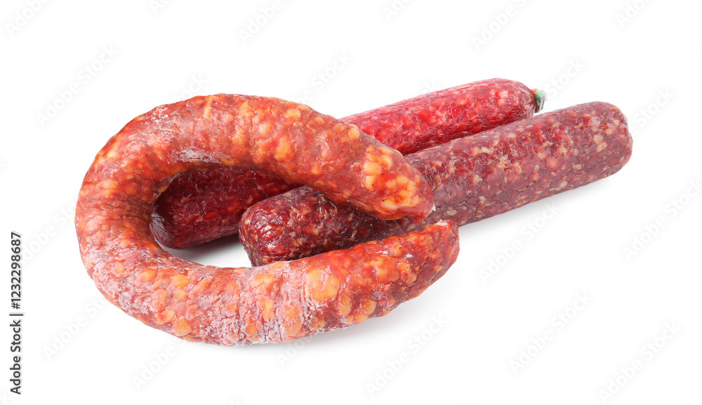 Many different smoked sausages isolated on white Many different smoked sausages isolated on white