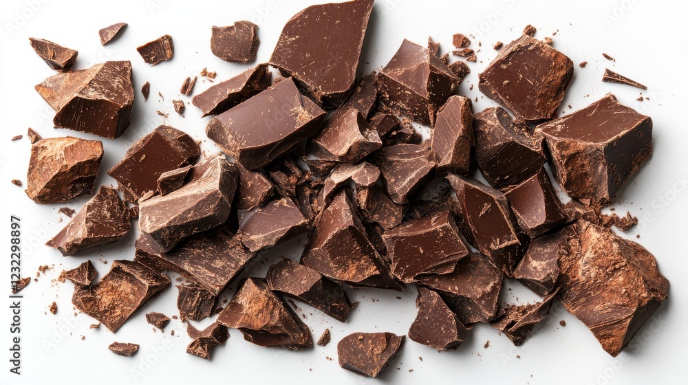 Delicious dark organic chocolate pieces scattered on a pristine white surface Delicious dark organic chocolate pieces scattered on a pristine white surface