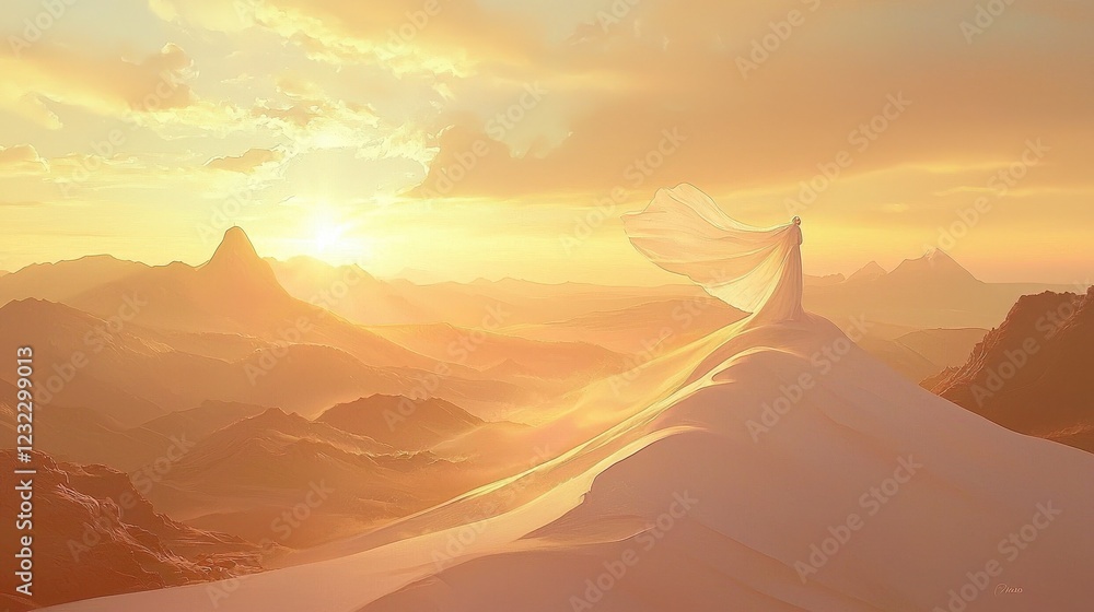 Naklejka premium Ethereal Landscape with Flowing Fabric at Golden Hour