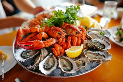 A seafood platter loaded with oysters, lobster, clams, and lemon wedges, with ice glistening in the sunlight photo