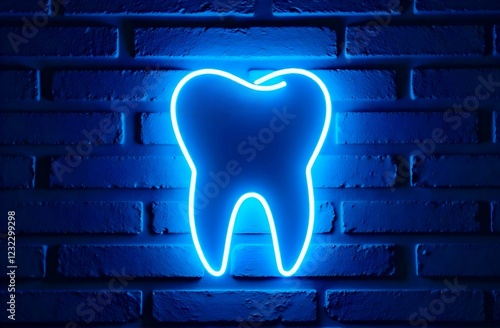 Glowing neon blue tooth icon on a brick wall, dental sign in modern light, concept of dental clinic, oral hygiene, dentist branding, dental services. photo