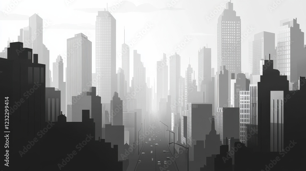 Fototapeta premium Urban Cityscape in Monochrome with Tall Buildings and Roadway
