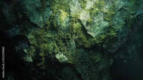 Mossy rock texture, dark cave background, nature detail photo