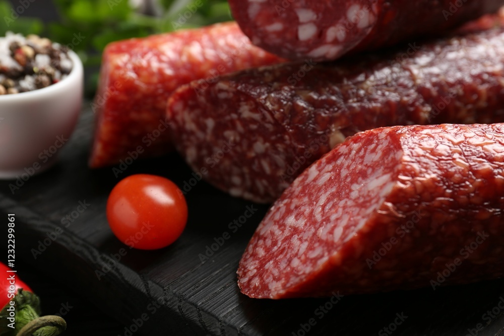 Different smoked sausages and tomato on black wooden board, closeup Different smoked sausages and tomato on black wooden board, closeup