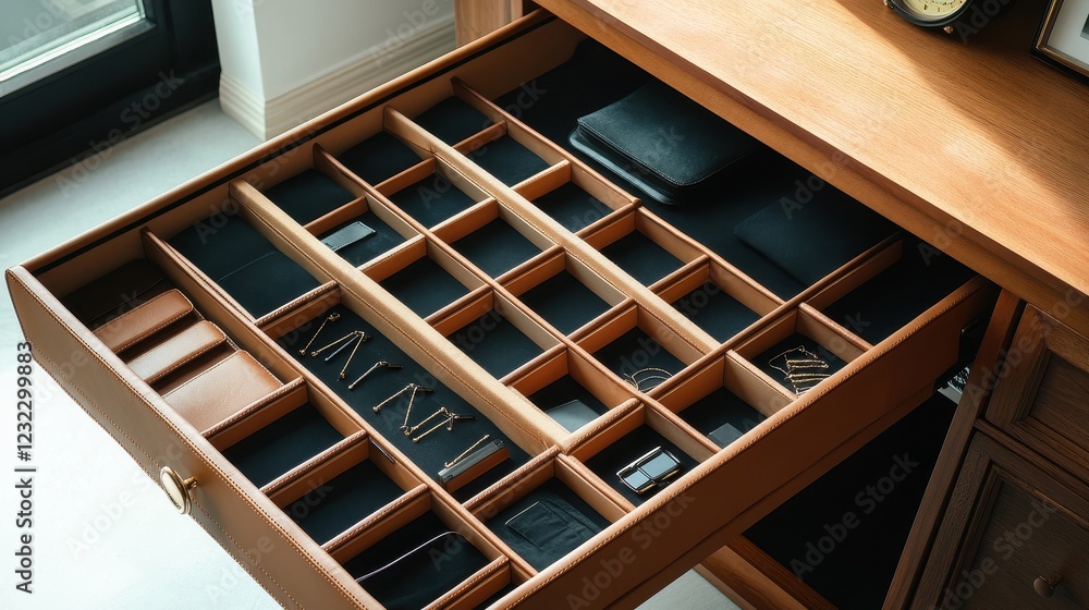Organized wooden drawer with various accessories inside Organized wooden drawer with various accessories inside