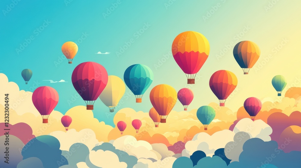 Colorful Hot Air Balloons Floating Above Clouds in Blue Sky Colorful Hot Air Balloons Floating Above Clouds in Blue Sky