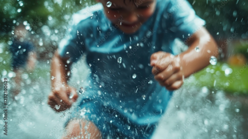 Obraz premium Child joyfully playing in the water during a sunny summer afternoon
