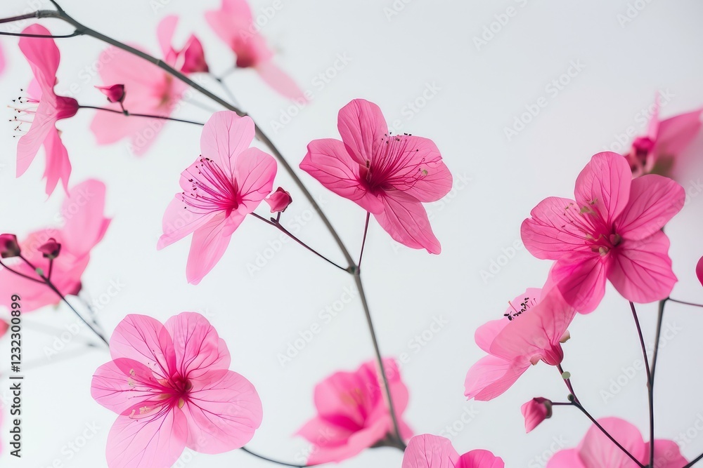 Naklejka premium Pink flowers blooming on thin branches create a delicate and beautiful floral arrangement against a clean white background