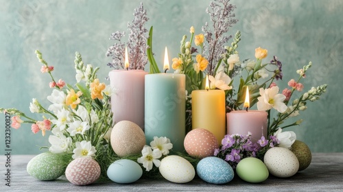 Candles, Easter eggs, and flowers create a vibrant Easter scene filled with warmth and joy. They are decorated in a festive style, adding to the atmosphere of a spring celebration and renewal