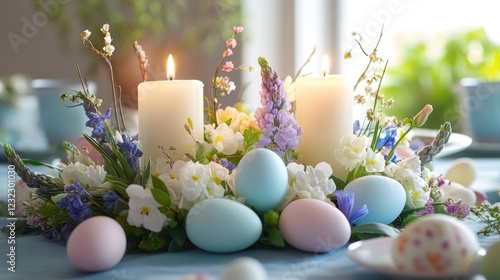 Candles, Easter eggs, and flowers create a vibrant Easter scene filled with warmth and joy. They are decorated in a festive style, adding to the atmosphere of a spring celebration and renewal