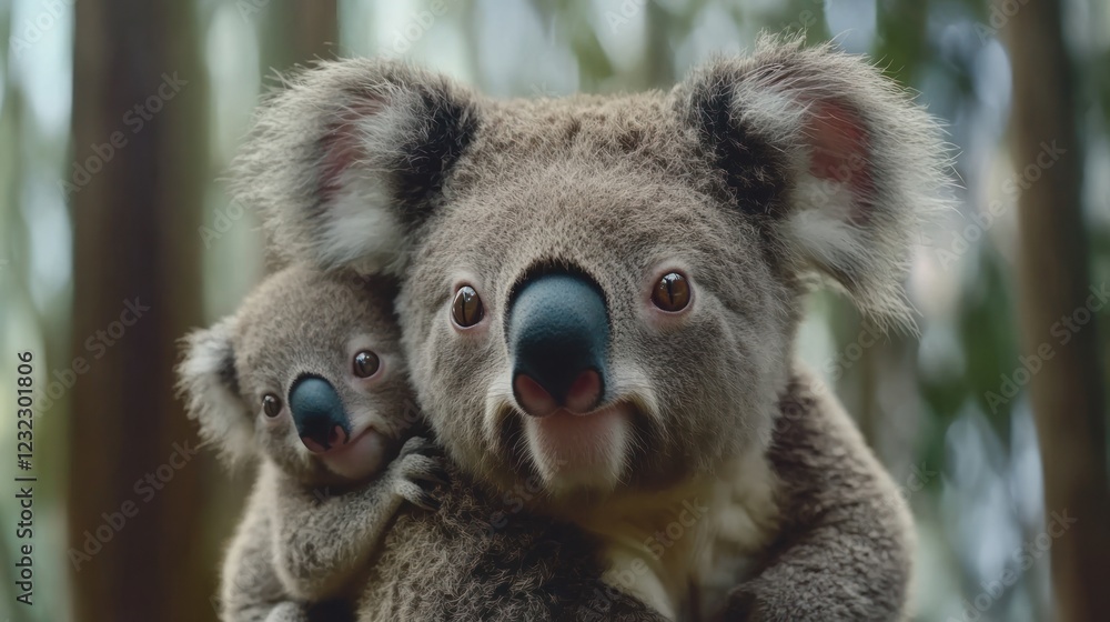 Fototapeta premium Mother Koala Protecting Her Baby Koala In The Forest