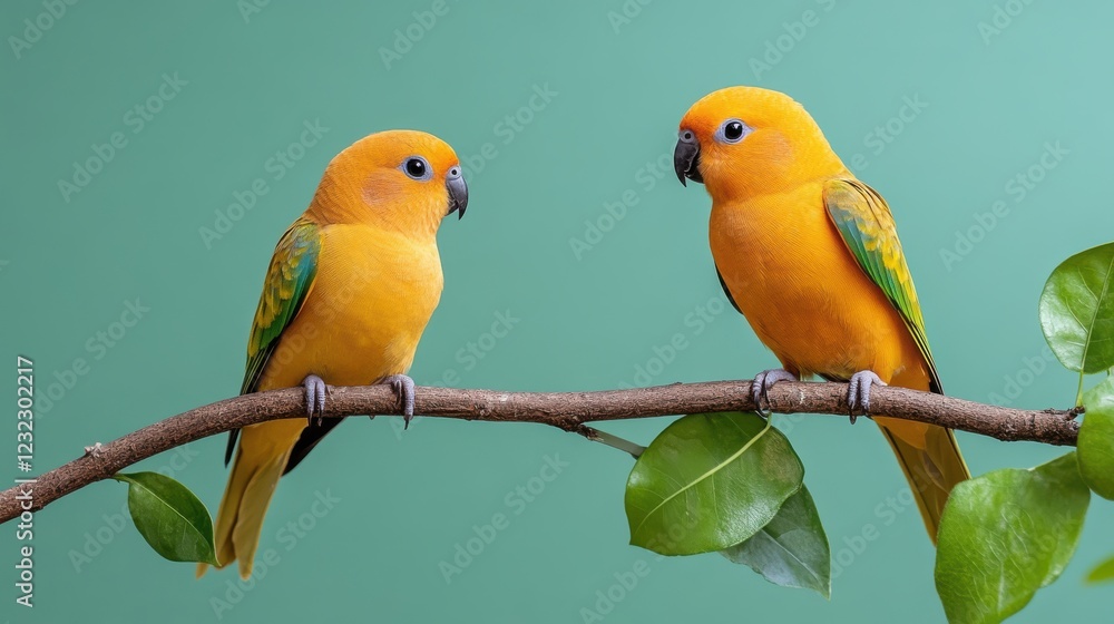 Bright yellow tropical birds perched on vibrant green branches in nature