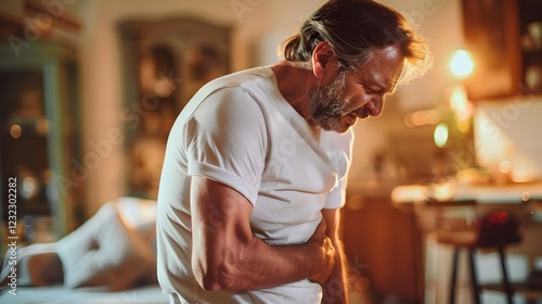 Man Experiencing Severe Stomach Pain: A mature man clutches his abdomen in clear distress, his face contorted in pain, suggesting a severe stomach ache or related ailment.
