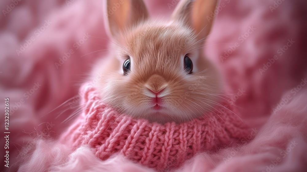 Cute bunny, pink sweater, fluffy background, Easter Cute bunny, pink sweater, fluffy background, Easter