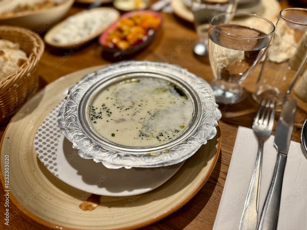 Εκτύπωση καμβά Yuvalama soup turkish traditional food with yogurt or yoghurt and lamb meat