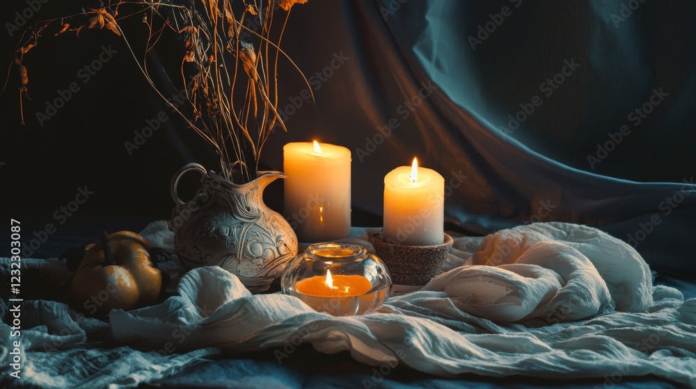 Candlelit rustic table with pumpkins and fabric decor Candlelit rustic table with pumpkins and fabric decor