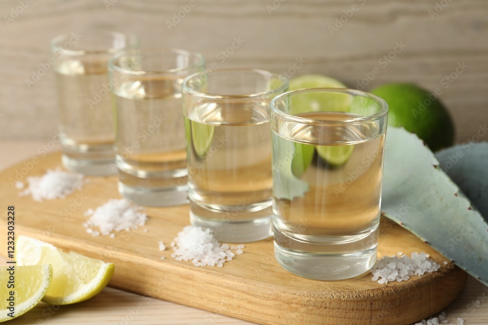 Tequila shots with salt, limes and agave leaves on wooden table, closeup Tequila shots with salt, limes and agave leaves on wooden table, closeup