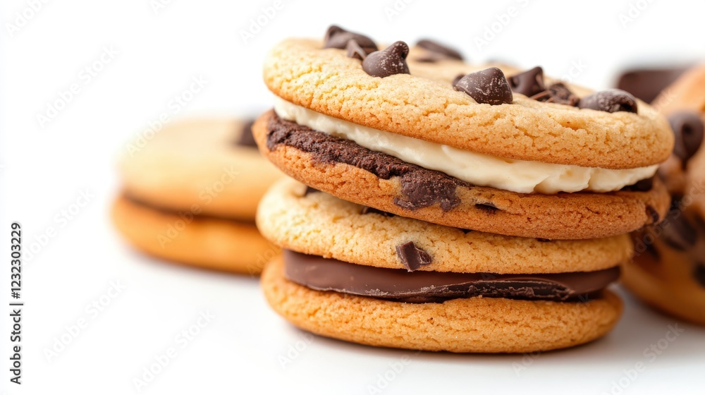 Chocolate cream-filled cookies stacked on a white background Chocolate cream-filled cookies stacked on a white background