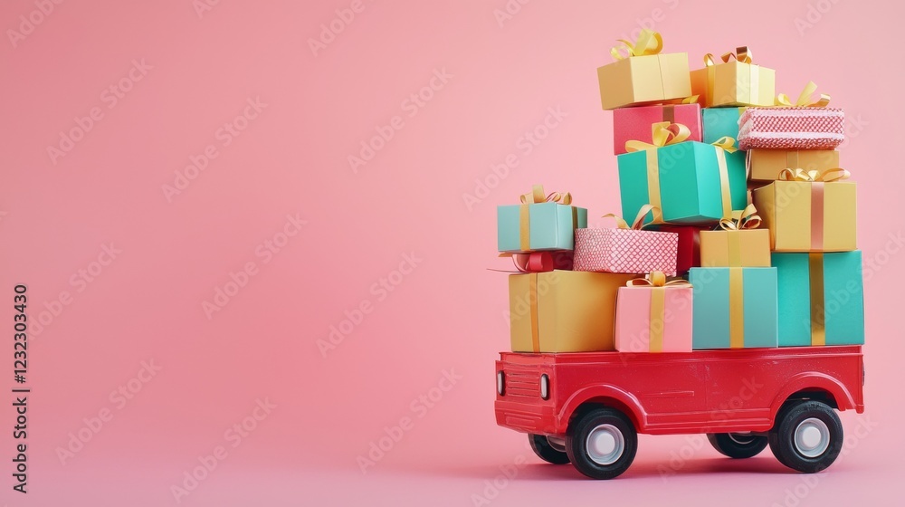 Bright red toy truck carrying colorful gift boxes Bright red toy truck carrying colorful gift boxes