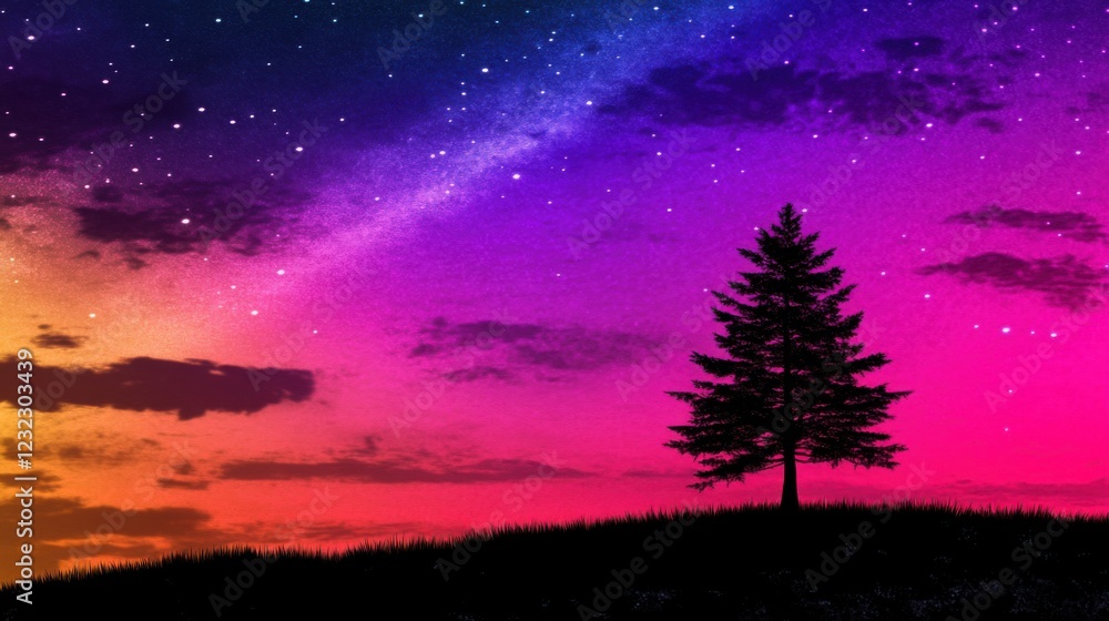Fototapeta premium Lone pine tree silhouetted against a vibrant aurora borealis in a serene landscape, showcasing the natural beauty and tranquility of the northern lights in a breathtaking night sky.