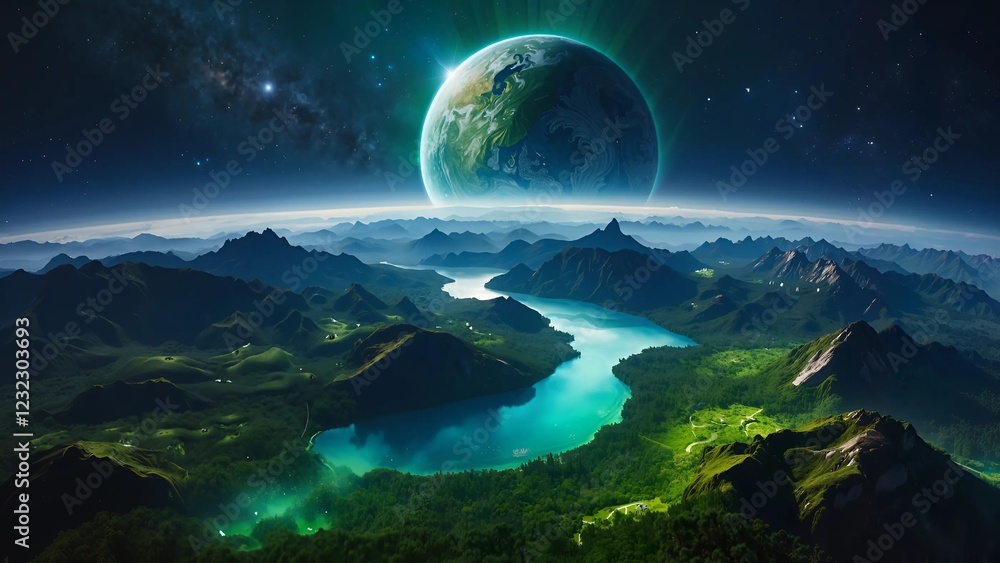Beautiful landscape with a large green planet in the background. The planet is surrounded by mountains and a river. Beautiful landscape with a large green planet in the background. The planet is surrounded by mountains and a river.
