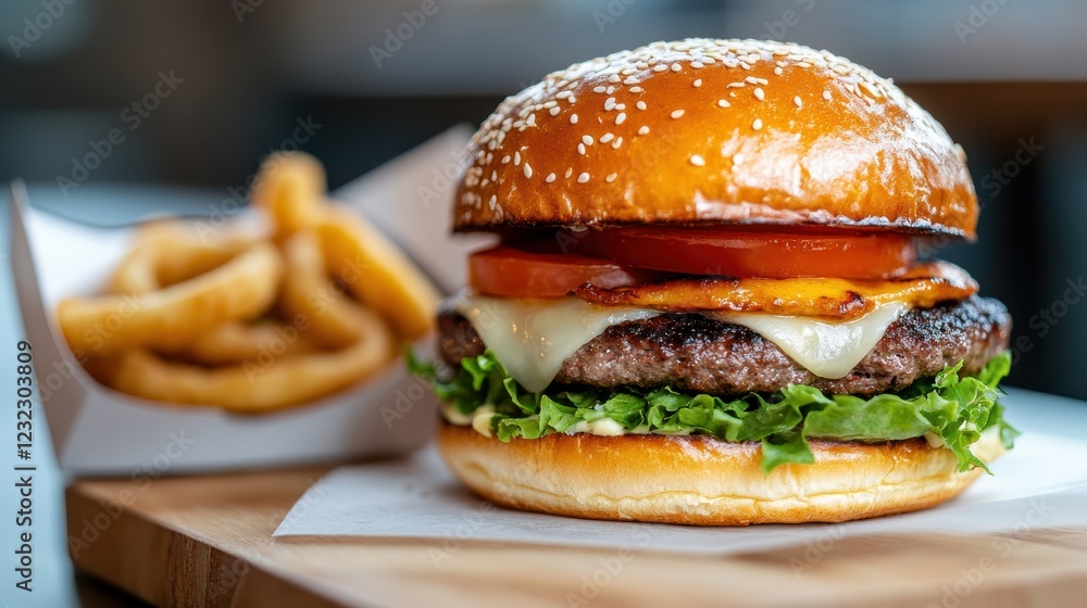 Mouthwatering cheeseburger with crisp veggies and golden onion rings Mouthwatering cheeseburger with crisp veggies and golden onion rings