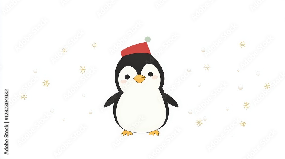 Cartoon Penguin with Santa Hat and Snowflakes on White Background Cartoon Penguin with Santa Hat and Snowflakes on White Background