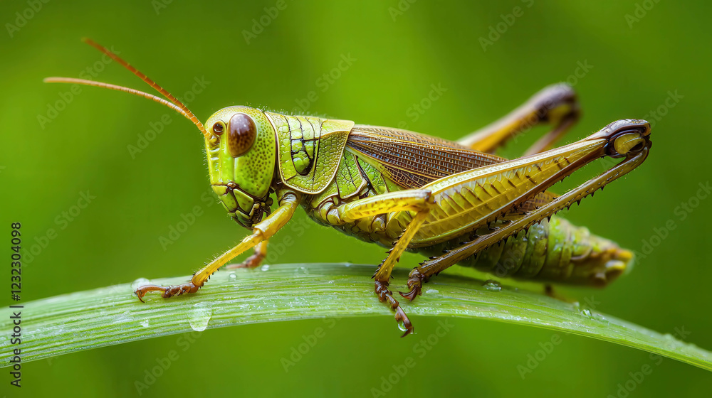 Close-Up Macro Photograph of Grasshopper Perched on Green Leaf with Dew Drops Close-Up Macro Photograph of Grasshopper Perched on Green Leaf with Dew Drops