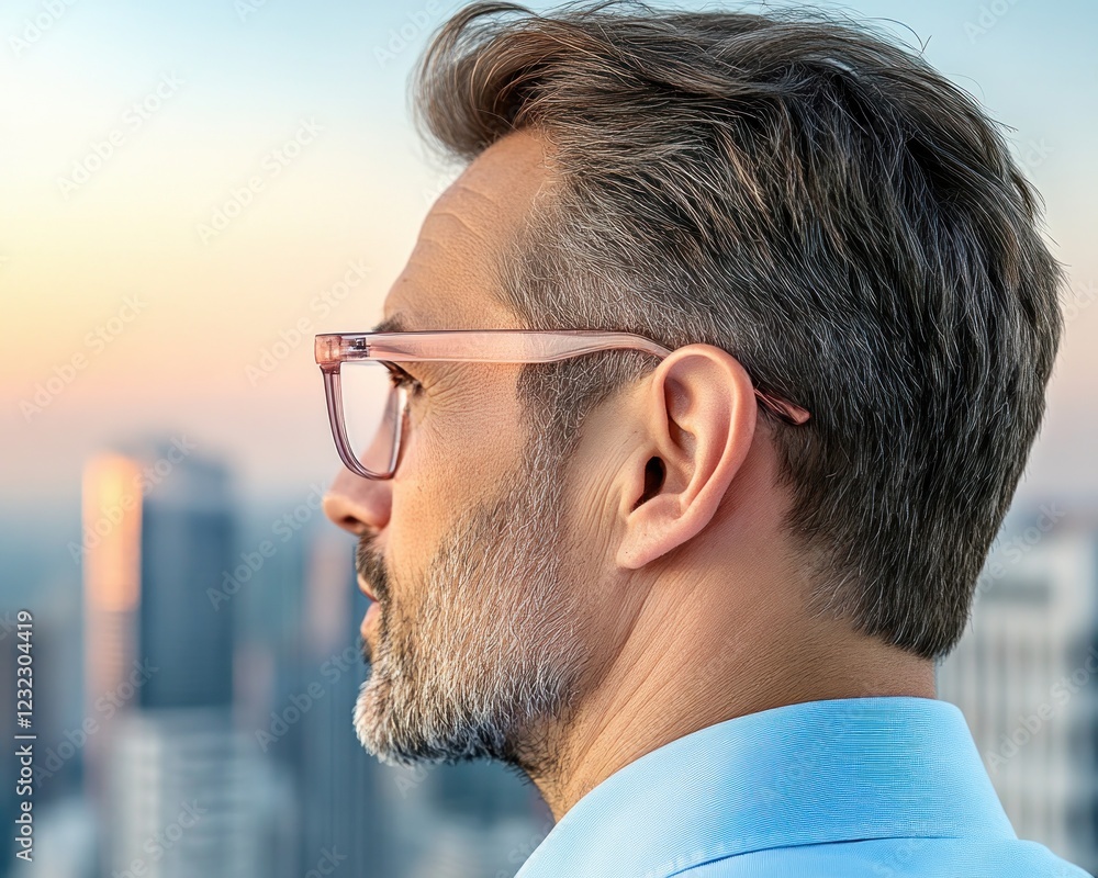 Fototapeta premium An individual is seen wearing light pink glasses and a blue shirt while looking into the distance This image shows a focused leader demonstrating resilience, standing strong in the face of adversity